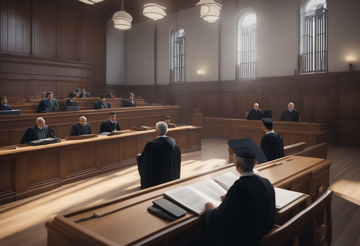 A courtroom with a judge, lawyers, and defendant. The judge is holding a copy of the "Artigo 23 Código Penal Comentado" while the lawyers present their arguments