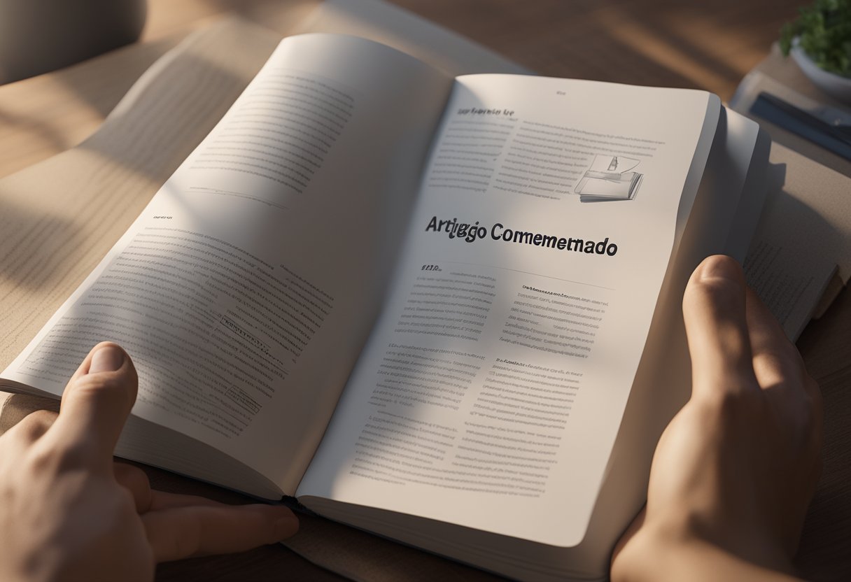 A person holding a book open to a page with the title "Artigo 20 Código Penal Comentado" and pointing to a specific section