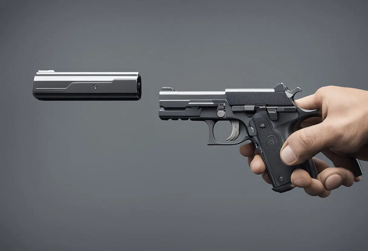 A person mistakenly picking up a fake gun, thinking it's real, illustrating the concept of "Erro de Tipo" in criminal law