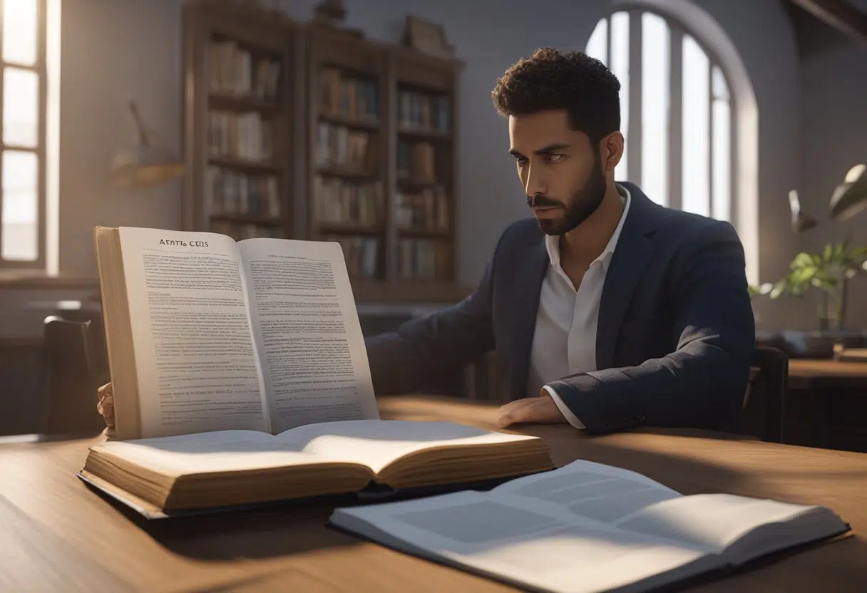 A person standing in front of a law book with the title "Artigo 21 Código Penal Comentado" open on a table, with a perplexed expression on their face