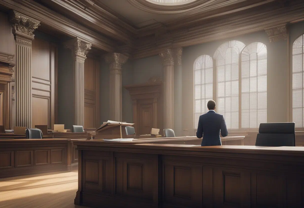 A figure stands in a courtroom, surrounded by legal documents and books, pointing to a specific section of the Penal Code