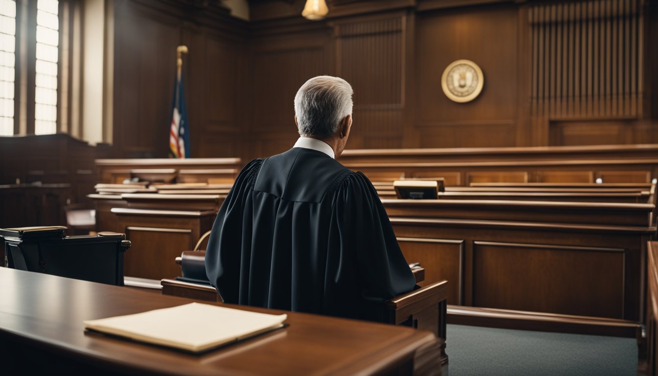 A courtroom with a judge's bench, witness stand, and seating for lawyers and the accused. A court reporter is typing on a stenography machine