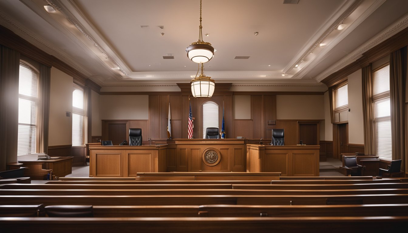 A courtroom with a judge's bench, witness stand, and seating for attorneys and the accused. A bailiff stands at attention near the entrance