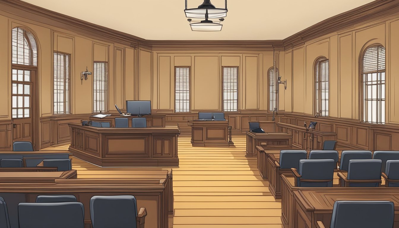 A courtroom with a judge's bench, witness stand, and seating for lawyers and spectators. A stenographer records proceedings