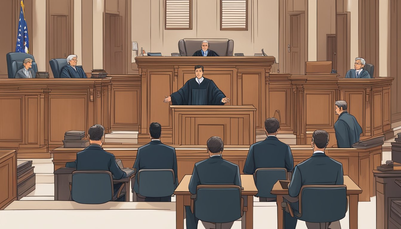 A courtroom with a judge presiding over a trial, lawyers presenting arguments, and a defendant sitting at the stand