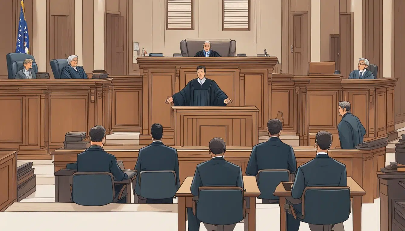 A courtroom with a judge presiding over a trial, lawyers presenting arguments, and a defendant sitting at the stand