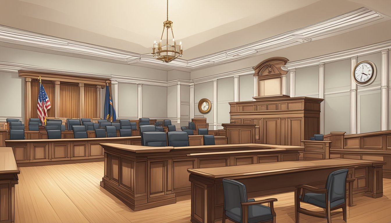 A courtroom with a judge's bench, witness stand, and seating for the defense and prosecution. Legal documents and evidence are displayed on the tables