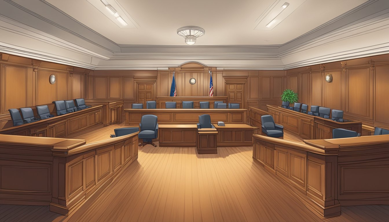 A courtroom with a judge's bench, witness stand, and seating for lawyers and spectators. The room is filled with legal documents and a sense of formality