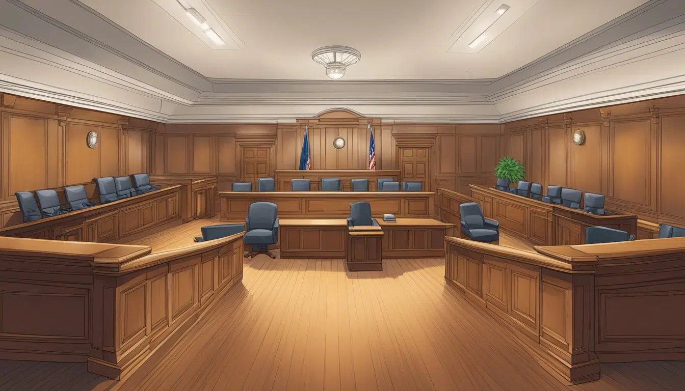 A courtroom with a judge's bench, witness stand, and seating for lawyers and spectators. The room is filled with legal documents and a sense of formality