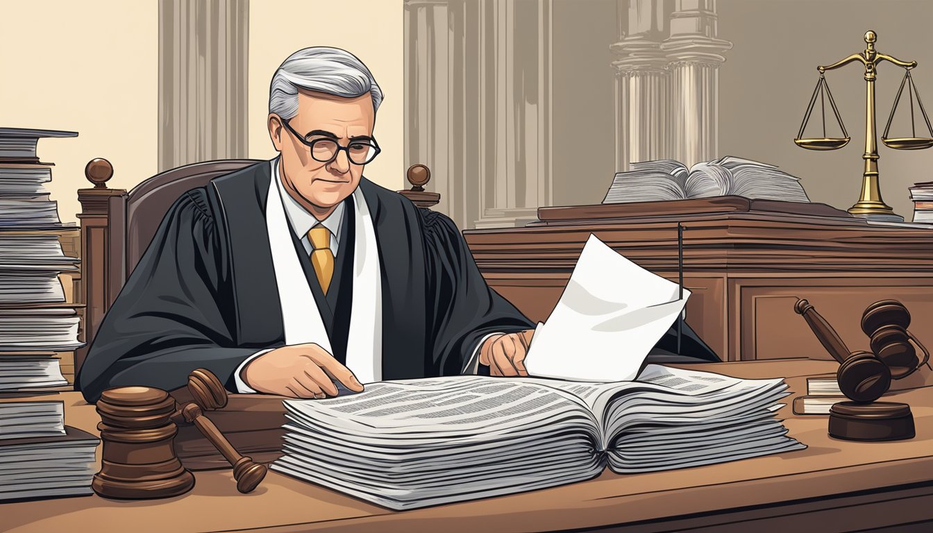 A judge sitting at a desk, surrounded by legal documents and books, with a gavel and scales of justice on the table