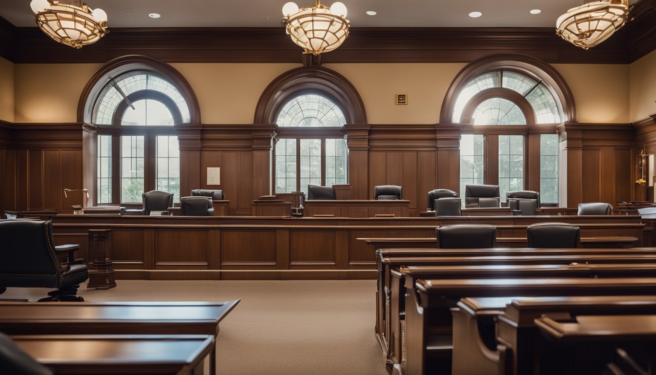 A courtroom with a judge's bench, witness stand, and gallery. Legal books and documents are scattered on tables. The atmosphere is serious and professional