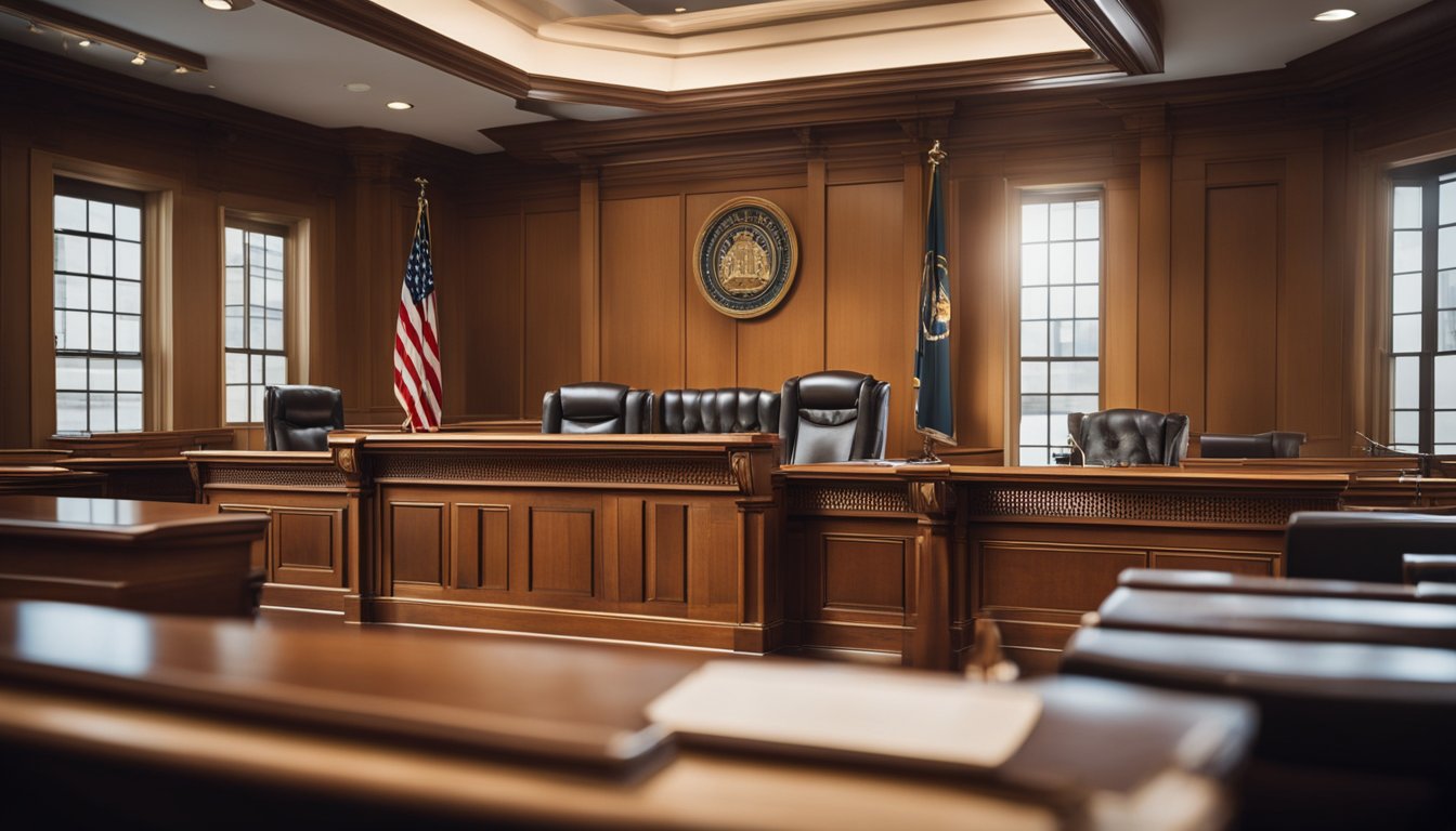 A courtroom with a judge's bench, witness stand, and seating for lawyers and spectators. An atmosphere of formality and authority