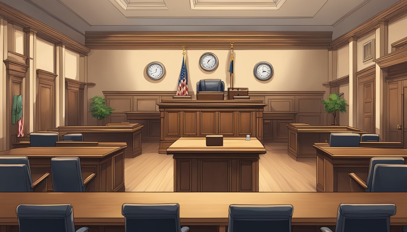 A courtroom with a judge's bench, witness stand, and seating for lawyers and observers. The room is filled with legal documents and the atmosphere is serious and professional