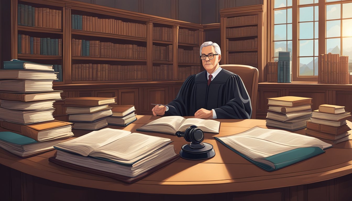 A judge sits at a desk, surrounded by law books and legal documents. The room is filled with natural light, creating a serene and focused atmosphere