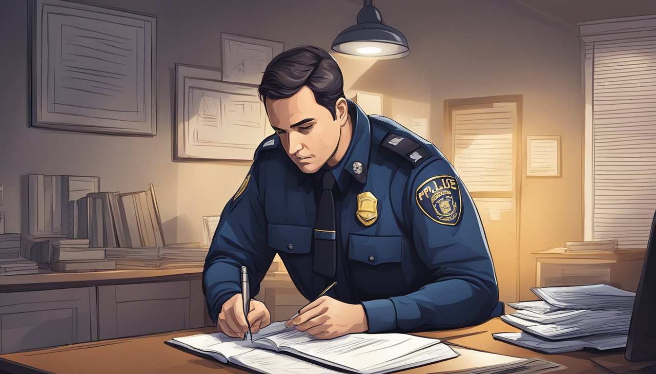 A police officer conducts an investigation, examining evidence and taking notes in a dimly lit room