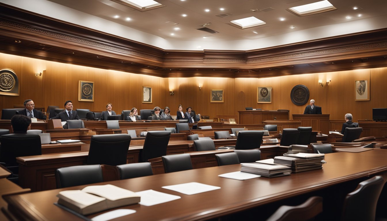 A courtroom with judges, lawyers, and defendants. Books and legal documents are scattered on the tables. The atmosphere is serious and professional